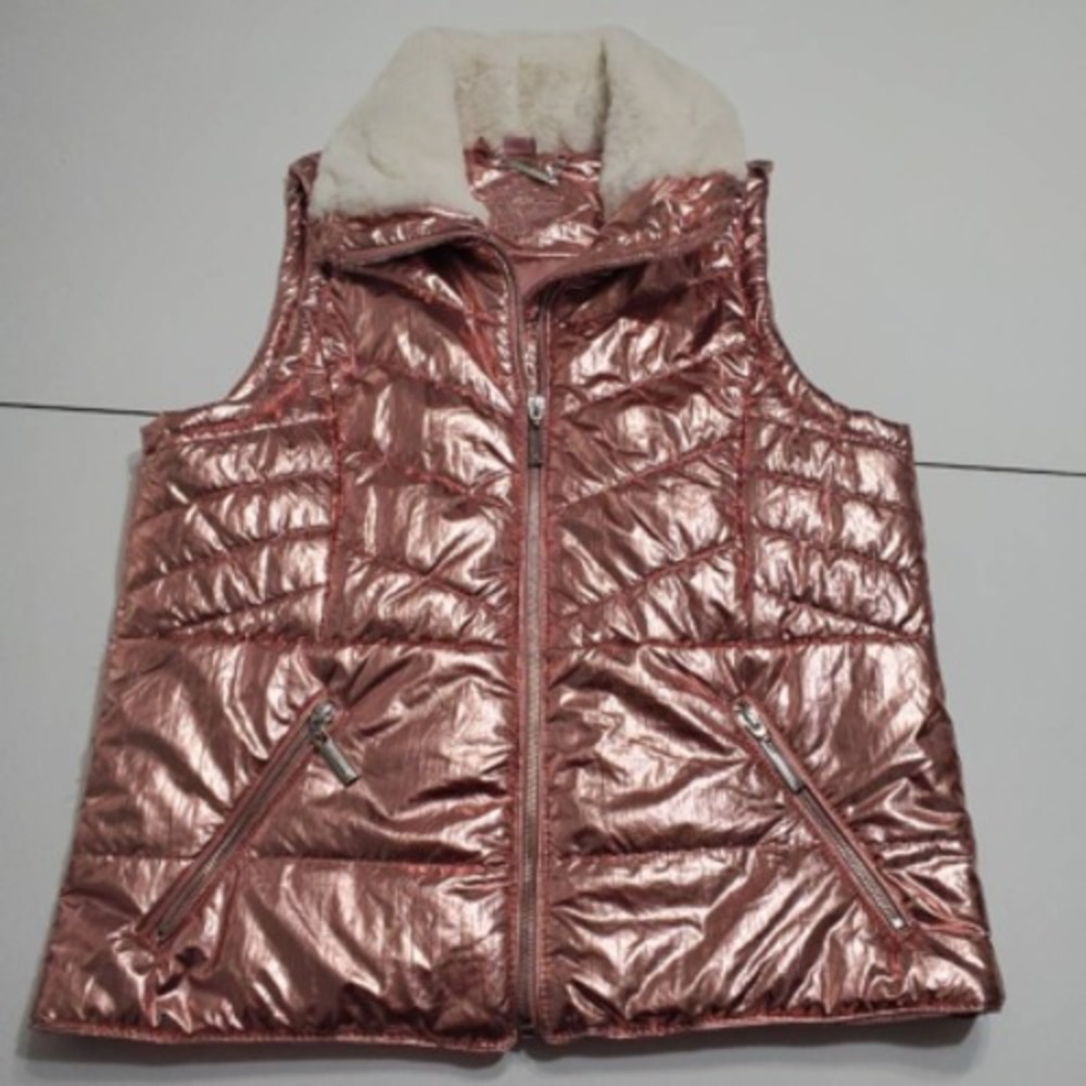 Jou Jou Girls Puffer Vest Jacket Pink Full Zip Collared Pockets Faux Fur Lined L